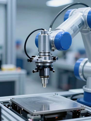 Macro shot of a high-precision robotic arm in motion on an active assembly line, cool-toned industrial lighting, high-contrast metallic surfaces, shallow depth of field, blue accents.