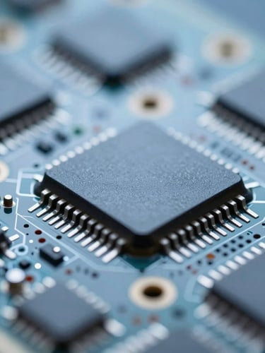 Sharp macro photograph of a clean PCB assembly under cool-toned technical lighting, metallic and blue tones, depth of field.