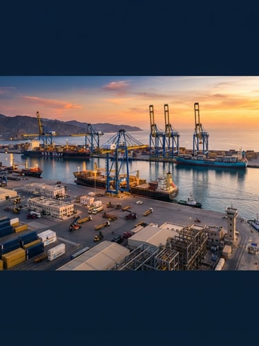Wide panoramic view of Barka port at sunrise, cargo ships docked, modern cranes, and industrial infrastructure, sharp daylight, deep navy and gold tones, architectural wide-angle, high-contrast editorial.