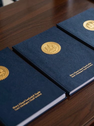 Close-up of official Omani corporate documents with gold foil seals, resting on a dark mahogany executive desk, sharp daylight, deep navy tones, high-contrast editorial