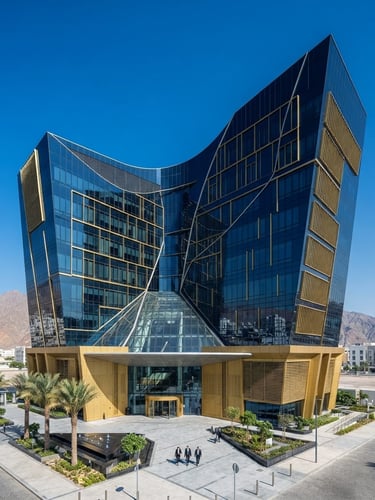 Modern corporate building in Muscat, Oman, with a clear blue sky, sharp daylight, deep navy and gold tones, architectural wide-angle, high-contrast editorial.