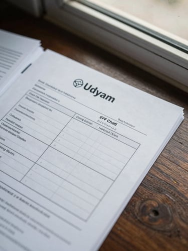 Close-up overhead shot of a founder's desk: Udyam registration printout, EPF challan form, and a handwritten checklist under north-facing window light, neat stack of organized papers visible at edge