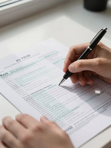 Close-up of hands reviewing a printed tax return form on a clean desk, pen resting on the page, natural north-facing window light casting soft shadows across the documents