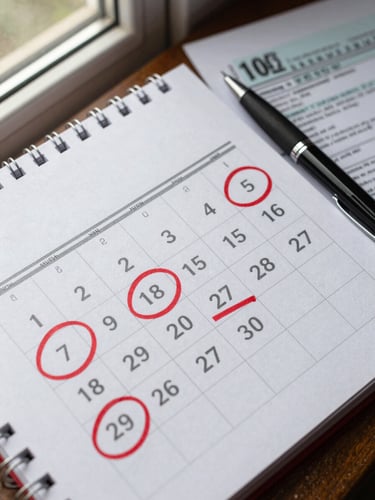 Close-up overhead shot of a desk calendar with dates circled in red marker, a pen resting beside it, tax forms partially visible at the edge, natural daylight from a window to the upper left
