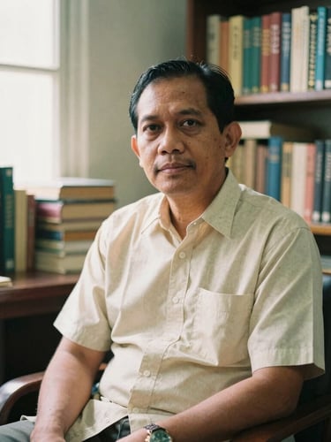 A warm editorial portrait of an Indonesian male professor in his late 30s, sitting in a cozy home study surrounded by bookshelves, soft natural window light casting gentle shadows, 35mm photography