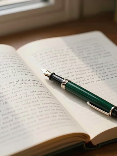 Close-up of open academic book pages with handwritten notes on the margins, a vintage fountain pen resting on the paper, warm natural desk lighting, scholarly atmosphere