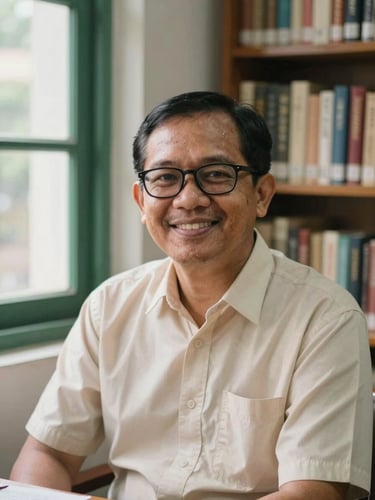 Portrait of an Indonesian male academic in his late 40s with glasses, warm smiling expression, sitting in a scholarly library with books in the background, soft natural window light, 35mm photograph