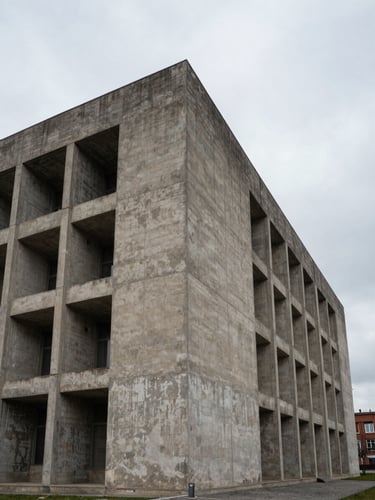 Wide architectural shot of a massive, weathered brutalist concrete structure in Chisinau under a flat, desaturated overcast sky.