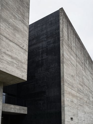 Extreme wide architectural shot of a massive brutalist concrete structure with a stark black painted intervention under flat overcast daylight.