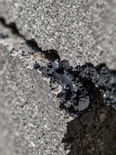 Extreme macro close-up of dark charcoal paint meeting rough, crumbling grey concrete, showing raw texture and sharp edge