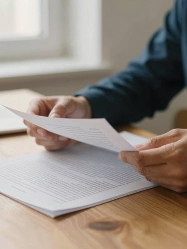 Close-up of hands reviewing physical documents on a warm wood table, soft natural window light, muted navy tones, shallow depth of field, 35mm