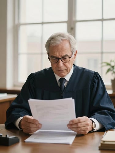 Editorial portrait of a senior lawyer reviewing documents in a warm, daylight-filled office, soft natural window light, muted navy and champagne tones, shallow depth of field, 35mm