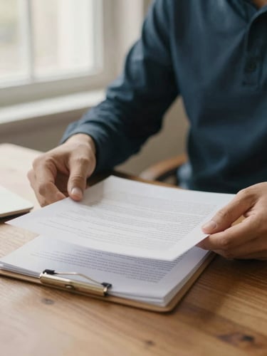 Warm editorial photography of hands reviewing physical documents on a wooden desk under soft natural window light, muted navy and champagne tones, shallow depth of field, 35mm