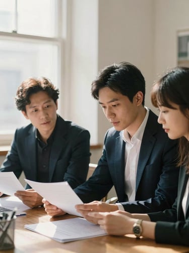 Portrait of the founding partners in their warm, sunlit office, reviewing documents together, shallow depth of field, 35mm
