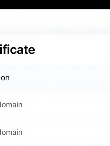 Macro close-up of a clean digital interface showing SSL certificate verification and custom domain settings, bright studio light, sharp focus.