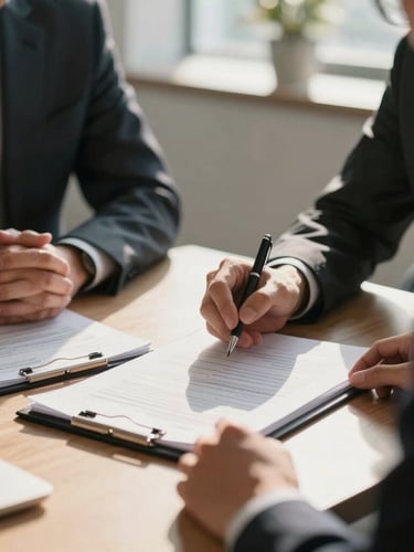 Close-up of a professional business consultation in Guwahati, warm sunlight highlighting financial documents and clean modern office interior, shallow depth of field.