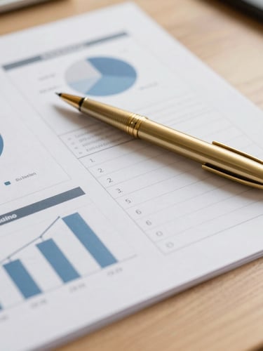 A close-up of organized financial reports, charts, and a gold pen resting on a clean wooden desk, bright natural light