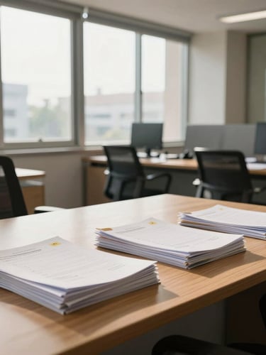 Bright modern office in India, clean wooden desks with organized corporate files, warm natural daylight streaming through large windows.