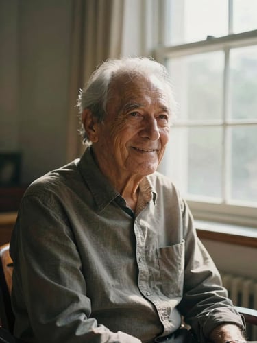 A serene portrait of an elderly man in his seventies, smiling softly, sitting by a large window with gentle morning light, soft shadows, warm archival atmosphere, natural and unposed.