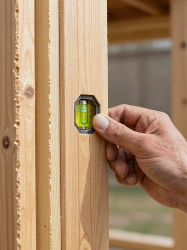 Close-up macro of a craftsman's hand holding a wooden leveling tool on a freshly framed wall, bright natural daylight, sharp focus on wood grain.