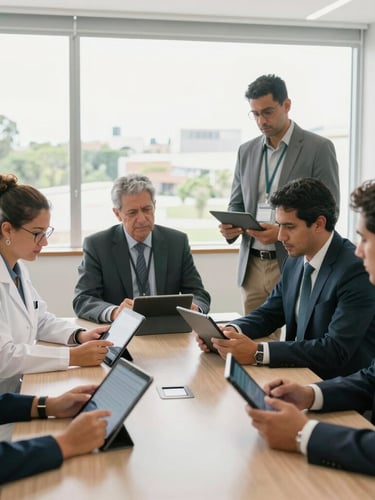 Environmental medium-wide shot of Brazilian public administrators and scientific researchers collaborating around a table with tablet devices, bright natural daylight, clean modern office.
