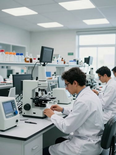 Wide environmental shot of a modern Brazilian laboratory with high-tech equipment, researchers in white coats working in bright daylight, clean and professional atmosphere.