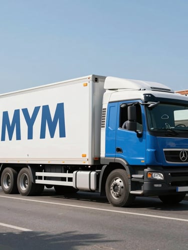 Wide shot of a modern MYM blue and white moving truck parked on a clean Córdoba avenue during bright daylight, professional operator in uniform visible near the cabin.