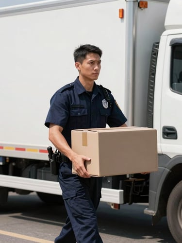 Medium shot of a uniformed moving professional carrying a secure box near a clean truck, high-contrast bright daylight