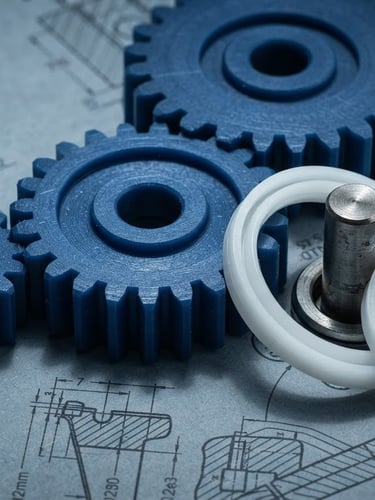 Extreme macro close-up of custom CNC-machined blue polymer gears and high-precision PTFE seals resting on a technical blueprint schematic, cool high-contrast studio lighting, sharp shadows, industrial slate tones