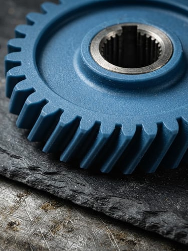 Extreme close-up macro shot of a finished blue polymer industrial gear, sharp precision edges, cool high-contrast studio lighting, slate and steel workbench background