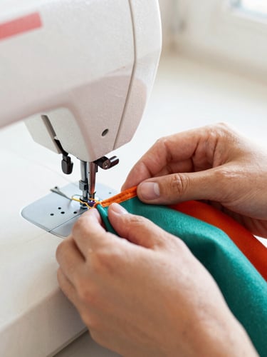 Close-up of hands carefully stitching colorful fabric on a sewing machine in a bright Celaya workshop, soft daylight, warm tones, shallow depth of field