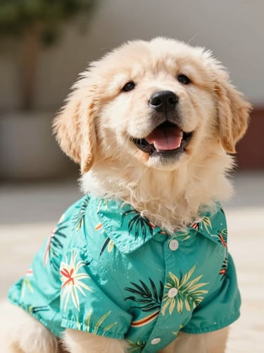 A happy small golden retriever puppy wearing a vibrant teal tropical shirt, looking up joyfully, bright high-key pet photography, warm natural daylight, shallow depth of field, 35mm