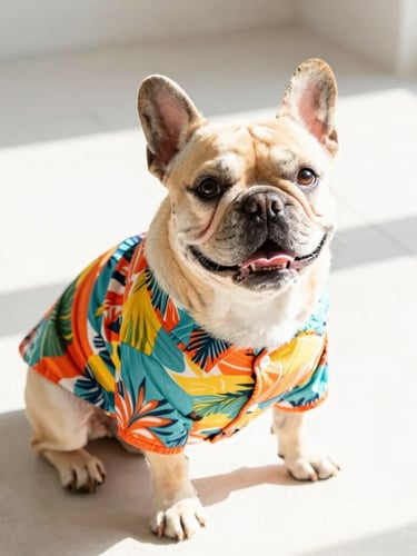 Bright high-key pet photography, a happy French Bulldog wearing a colorful tropical shirt sitting on a clean light floor, warm natural daylight, 35mm