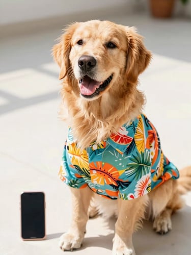 Bright high-key pet photography, a happy golden retriever wearing a colorful tropical shirt sitting next to a smartphone on a clean surface, warm natural daylight, vibrant saturated colors, shallow depth of field, 35mm