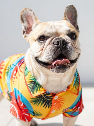 Bright high-key pet photography of a happy French Bulldog wearing a custom-tailored colorful tropical shirt, looking up joyfully, warm natural daylight, vibrant saturated colors, shallow depth of field
