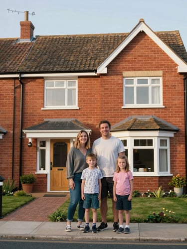 A happy family standing outside their newly extended red-brick semi-detached home in Upton Rocks, soft afternoon North West daylight, natural environmental framing.