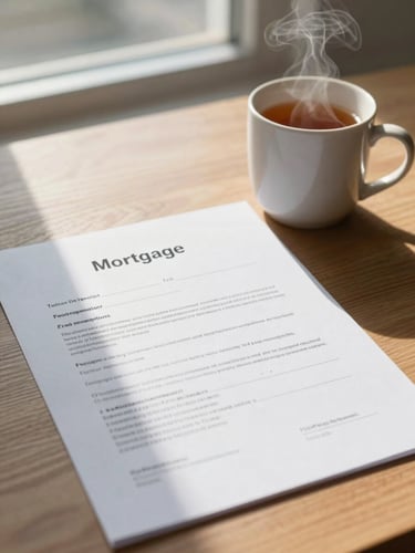 A close-up of a mortgage agreement document on a wooden table next to a steaming ceramic mug of tea, soft morning light filtering through a window in a Widnes office.