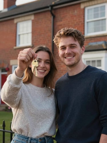 A happy young couple holding up their new brass house keys, standing proudly in front of a classic red-brick terraced home in Widnes under soft afternoon light.