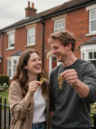 A warm, natural portrait of a young couple laughing and holding brass keys outside a red-brick terraced house in Widnes, soft overcast North West daylight.