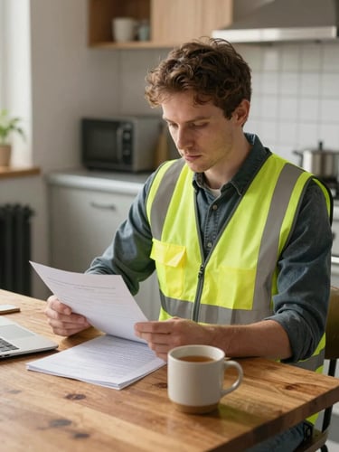 A local business owner in a high-visibility vest sitting at a wooden kitchen table reviewing paperwork next to a ceramic mug of tea, soft morning light.