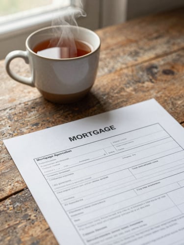 A close-up of a mortgage application form on a rustic wooden table next to a steaming ceramic mug of tea, soft morning light filtering through a window, warm and inviting atmosphere.