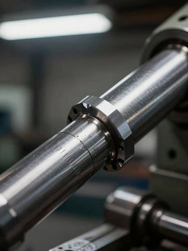 Extreme closeup of a freshly machined steel shaft held at a precise angle under shop fluorescent light, surface finish lines visible, measuring marks etched on the metal, dark industrial background with blurred lathe machinery