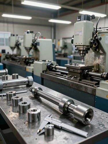 Wide shop floor angle showing multiple lathes and milling machines in operation under fluorescent lighting, finished steel parts arranged in foreground on a metal work table, measuring calipers resting against a turned shaft, evidence of active machining work