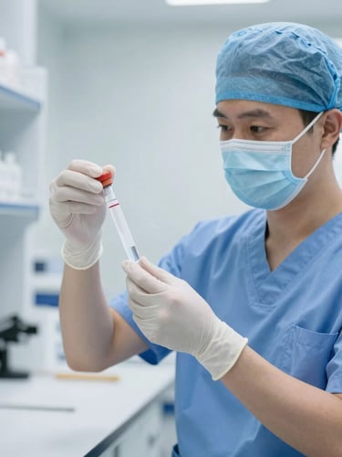 A professional clinician in clean scrubs preparing a sample vial in a bright, modern laboratory with soft daylight, sharp focus, professional depth of field