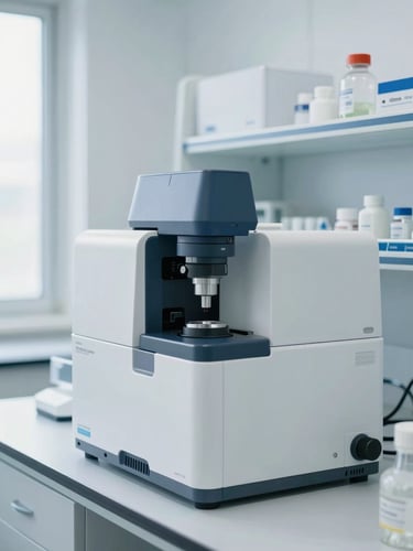 Crisp clinical photography of a modern, immaculate laboratory testing room with soft natural daylight, clean white and calming blue tones, professional depth of field, showing a high-end diagnostic analyzer in the background, no needles or blood