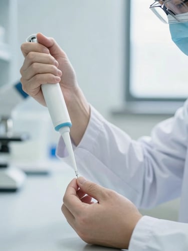 A medium close-up of a clinical scientist in clean scrubs using a pipette to prepare a sample in a bright, modern laboratory, soft natural daylight, sharp focus on the hands.