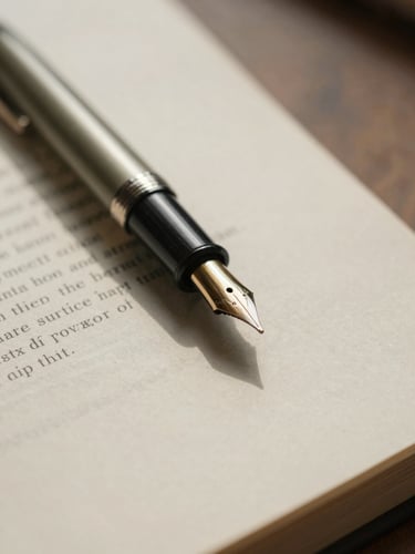 Macro close-up of a classic fountain pen resting on a detailed academic draft paper, soft warm morning window light, shallow depth of field, 35mm