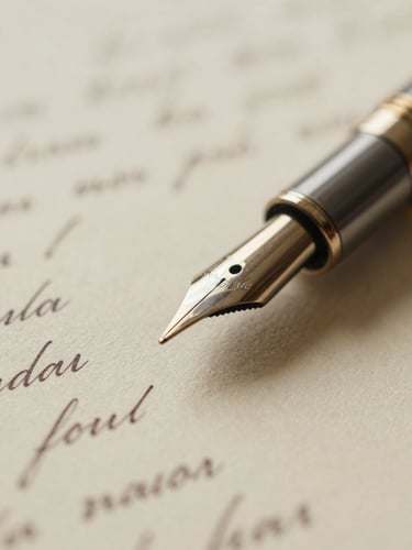 Macro close-up of a fountain pen nib resting on a handwritten manuscript draft, soft morning library light, warm cream paper texture, shallow depth of field, 35mm