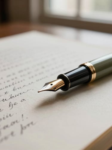 Macro close-up of a classic fountain pen resting on a draft manuscript with handwritten annotations, warm morning light from a library window, shallow depth of field, 35mm photography