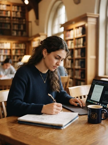 A focused student studying with a notebook and laptop in a sunlit university library, warm editorial photography, soft natural window light, shallow depth of field, 35mm